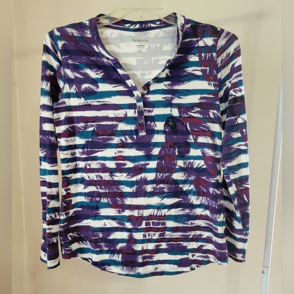 Womens Relativity Sz S LS button  purple white teal stripes leafs top